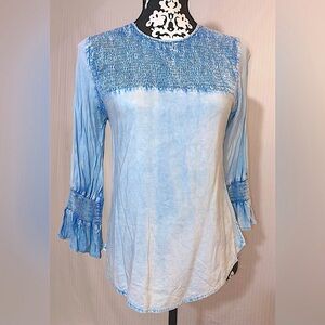 D&Kade Smocked Western Bell Sleeve Blouse Pale Denim Blue Bohemian Hippie Chic